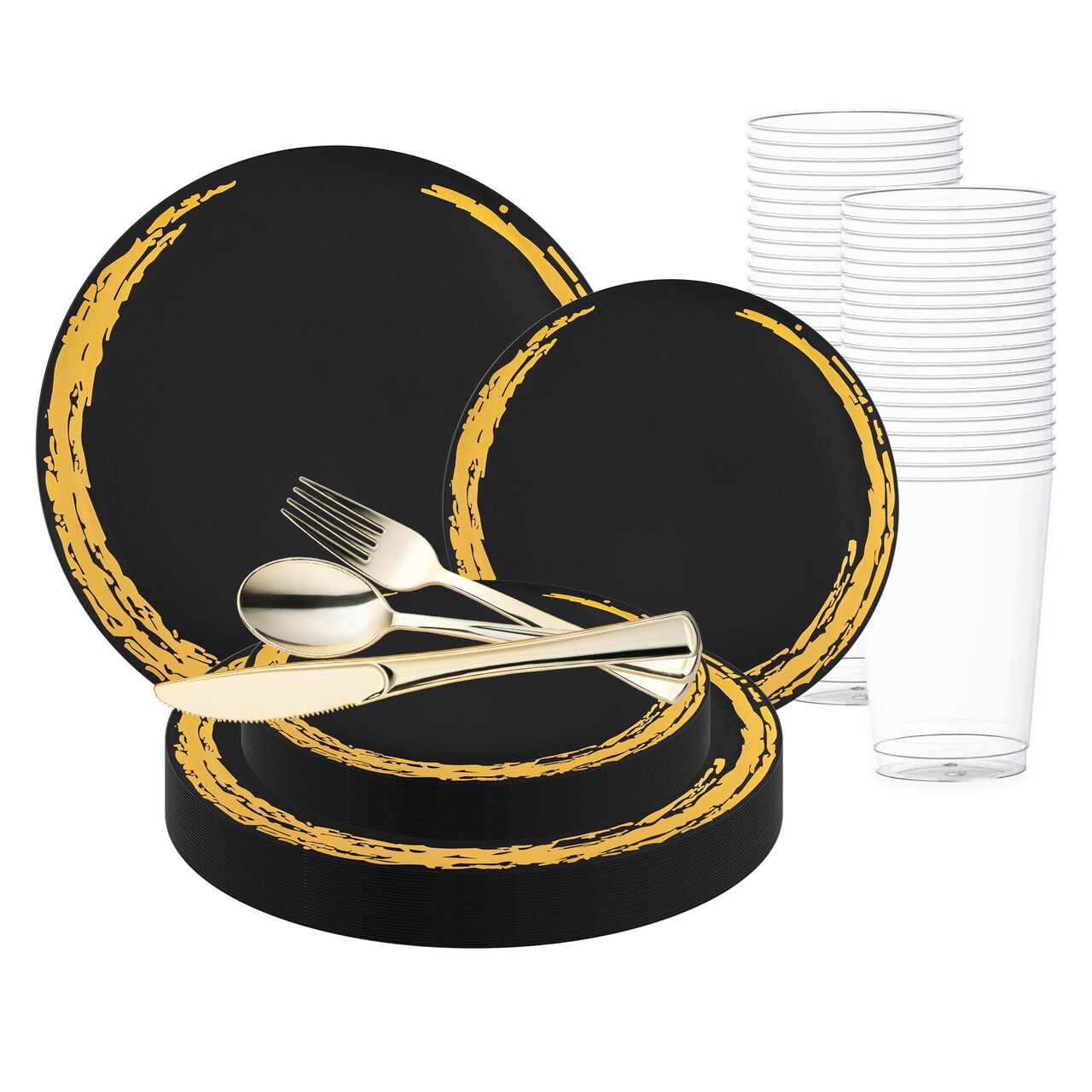 Black with Gold Moonlight Round Disposable Plastic Wedding Value Set (20 Settings)
